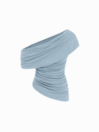 Asymmetrical Neck Ruched Top & Mid Rise Wide Leg Trousers Set