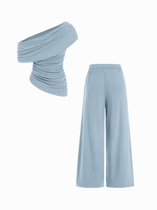 Asymmetrical Neck Ruched Top & Mid Rise Wide Leg Trousers Set