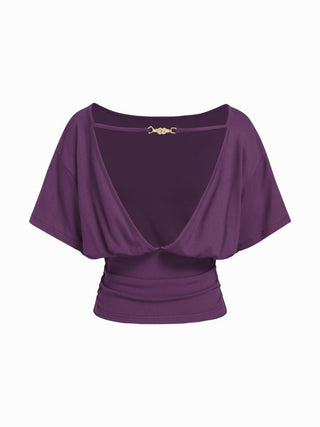 Boat Neck Batwing Sleeve Backless Drawstring Metal Detail Oversized Crop Tee