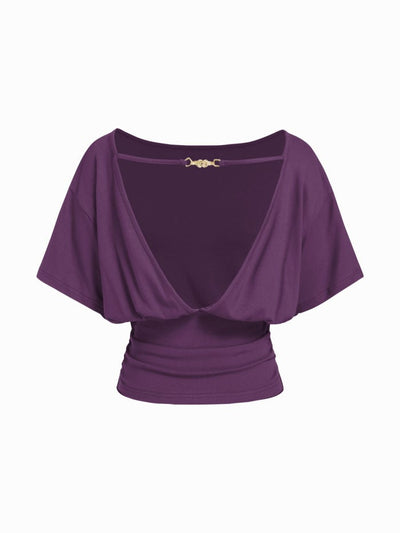 Boat Neck Batwing Sleeve Backless Drawstring Metal Detail Oversized Crop Tee
