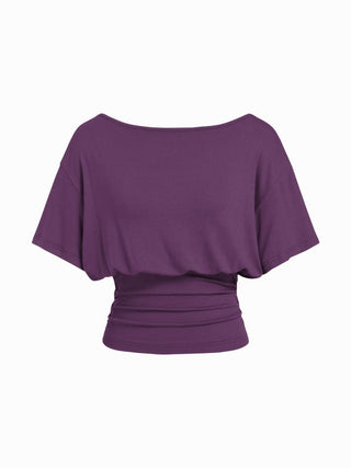 Boat Neck Batwing Sleeve Backless Drawstring Metal Detail Oversized Crop Tee