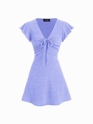 Textured V-neck Ruffle Sleeve Knotted Ruched A-line Mini Dress