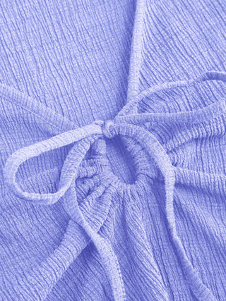 Textured V-neck Ruffle Sleeve Knotted Ruched A-line Mini Dress
