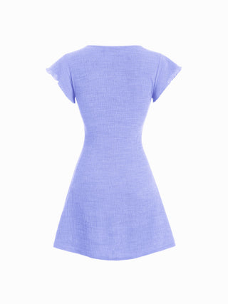 Textured V-neck Ruffle Sleeve Knotted Ruched A-line Mini Dress
