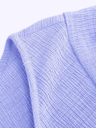 Textured V-neck Ruffle Sleeve Knotted Ruched A-line Mini Dress