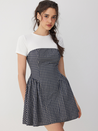 Cotton-blend Short Sleeve Drawstring Flared Mini Dress