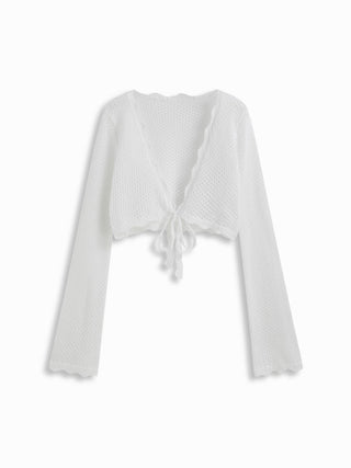 Knit Crochet Hollow Out Bell Sleeve Knotted Oversized Cardigan