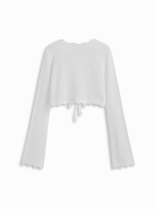 Knit Crochet Hollow Out Bell Sleeve Knotted Oversized Cardigan