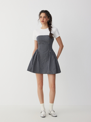 Cotton-blend Short Sleeve Drawstring Flared Mini Dress