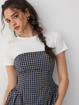 Cotton-blend Short Sleeve Drawstring Flared Mini Dress