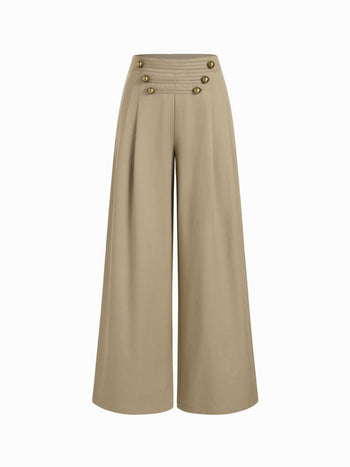 Cotton-blend Low Rise Metal Detail Pleated Wide Leg Trousers