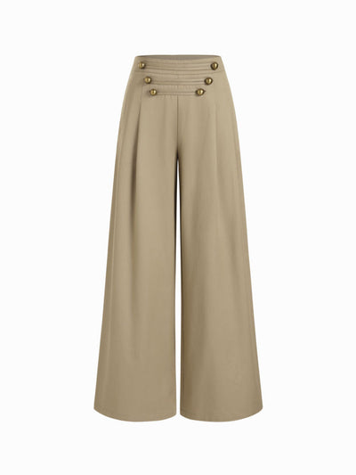 Cotton-blend Low Rise Metal Detail Pleated Wide Leg Trousers