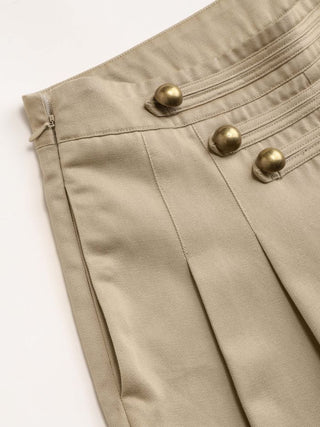 Cotton-blend Low Rise Metal Detail Pleated Wide Leg Trousers