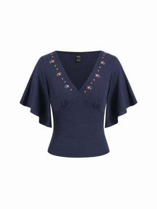 Floral Graphic V-Neck Bell Sleeve Ruched Top