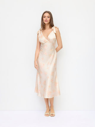 Satin V Neck Floral Mermaid Maxi Dress with Shoulder Bowknot