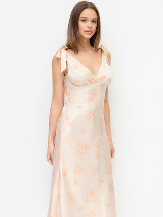 Satin V Neck Floral Mermaid Maxi Dress with Shoulder Bowknot