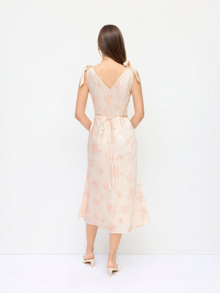 Satin V Neck Floral Mermaid Maxi Dress with Shoulder Bowknot