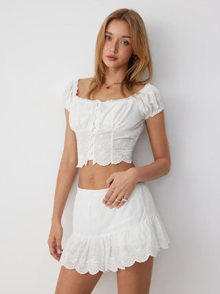 Cotton-blend Broderie Anglaise Off-shoulder Top & Mid Rise Mini Skirt Set