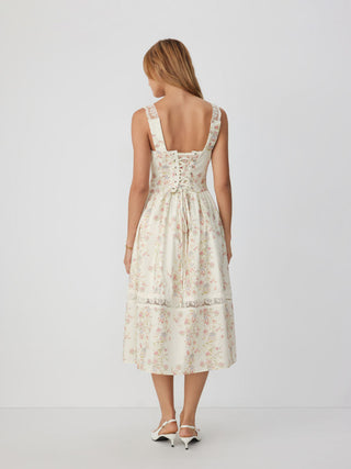 Cotton-blend Floral Sweetheart Lace Trim Milkmaid Mixi Dress