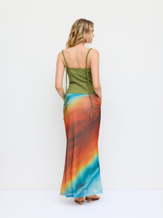 Mesh Mid Rise Abstract Ruched Maxi Skirt