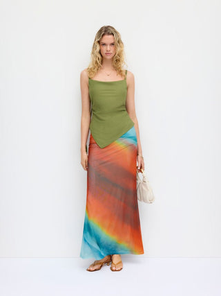 Mesh Mid Rise Abstract Ruched Maxi Skirt