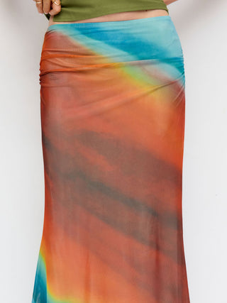 Mesh Mid Rise Abstract Ruched Maxi Skirt