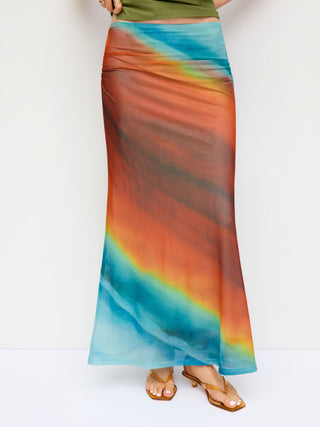Mesh Mid Rise Abstract Ruched Maxi Skirt