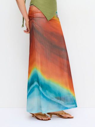 Mesh Mid Rise Abstract Ruched Maxi Skirt