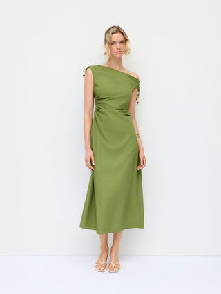 Linen-blend Asymmetrical Neck Ruched A-line Maxi Dress