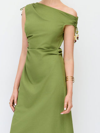 Linen-blend Asymmetrical Neck Ruched A-line Maxi Dress