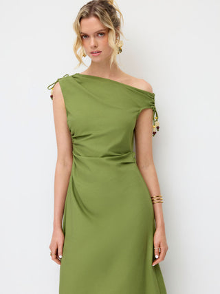 Linen-blend Asymmetrical Neck Ruched A-line Maxi Dress