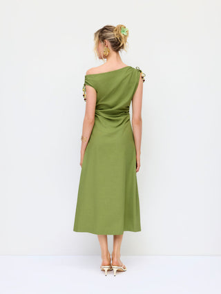 Linen-blend Asymmetrical Neck Ruched A-line Maxi Dress