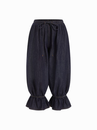 Denim Mid Rise Ruffled Belted Barrel-leg Cropped Jeans