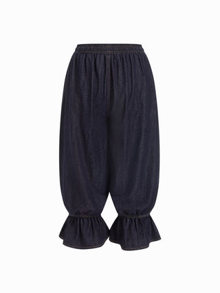Denim Mid Rise Ruffled Belted Barrel-leg Cropped Jeans