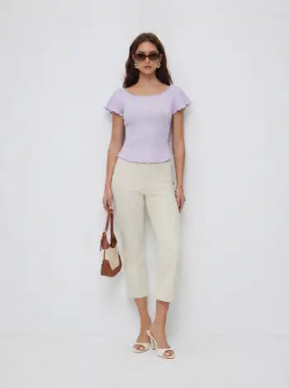 Textured Boat Neck Ruffle Sleeve Lettuce Trim Tee