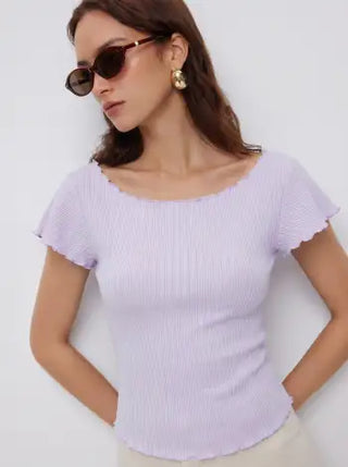Textured Boat Neck Ruffle Sleeve Lettuce Trim Tee