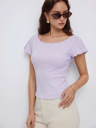 Textured Boat Neck Ruffle Sleeve Lettuce Trim Tee