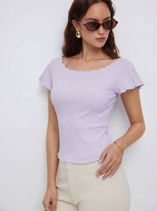 Textured Boat Neck Ruffle Sleeve Lettuce Trim Tee