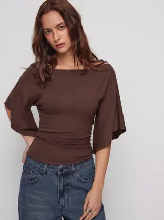 Boat Neck Mid-length Bell Sleeve Ruched Tee