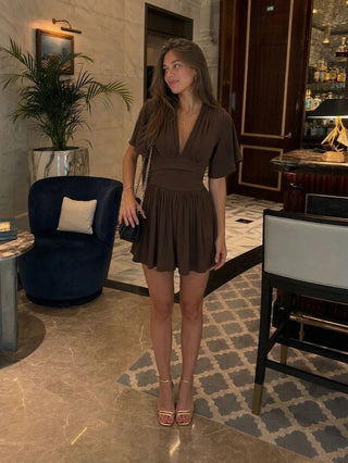 Textured V-neck Ruched Mid Rise Bell Sleeve Romper