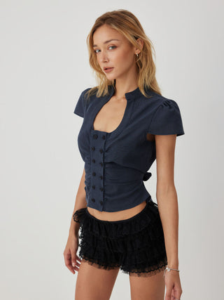 Cotton-blend Gingham Scoop Neck Puff Sleeve Ruched Drawstring Blouse