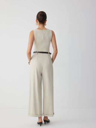 Textured Boat Neck Mid Rise Straight Leg Jumpsuit With Belt