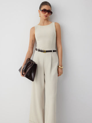 Textured Boat Neck Mid Rise Straight Leg Jumpsuit With Belt