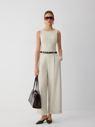 Textured Boat Neck Mid Rise Straight Leg Jumpsuit With Belt