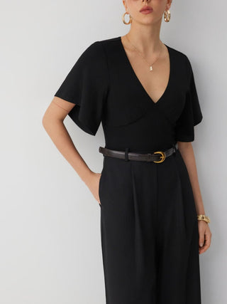 V-neck Bell Sleeve Mid Rise Wide Leg Jumpsuit With Belt