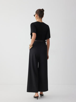 V-neck Bell Sleeve Mid Rise Wide Leg Jumpsuit With Belt