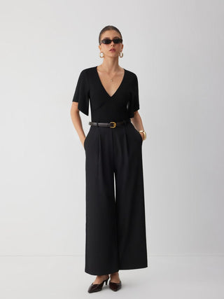 V-neck Bell Sleeve Mid Rise Wide Leg Jumpsuit With Belt