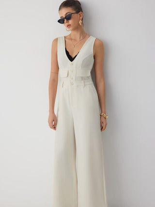 V-neck Button Front High Rise Straight Leg Jumpsuit