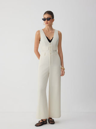 V-neck Button Front High Rise Straight Leg Jumpsuit