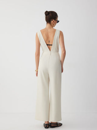 V-neck Button Front High Rise Straight Leg Jumpsuit
